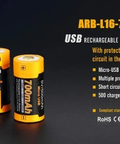 Fenix ARB-L16 700U 16340 Li-Ion Build-In USB Charging Port Rechargeable Battery Fenix Lights