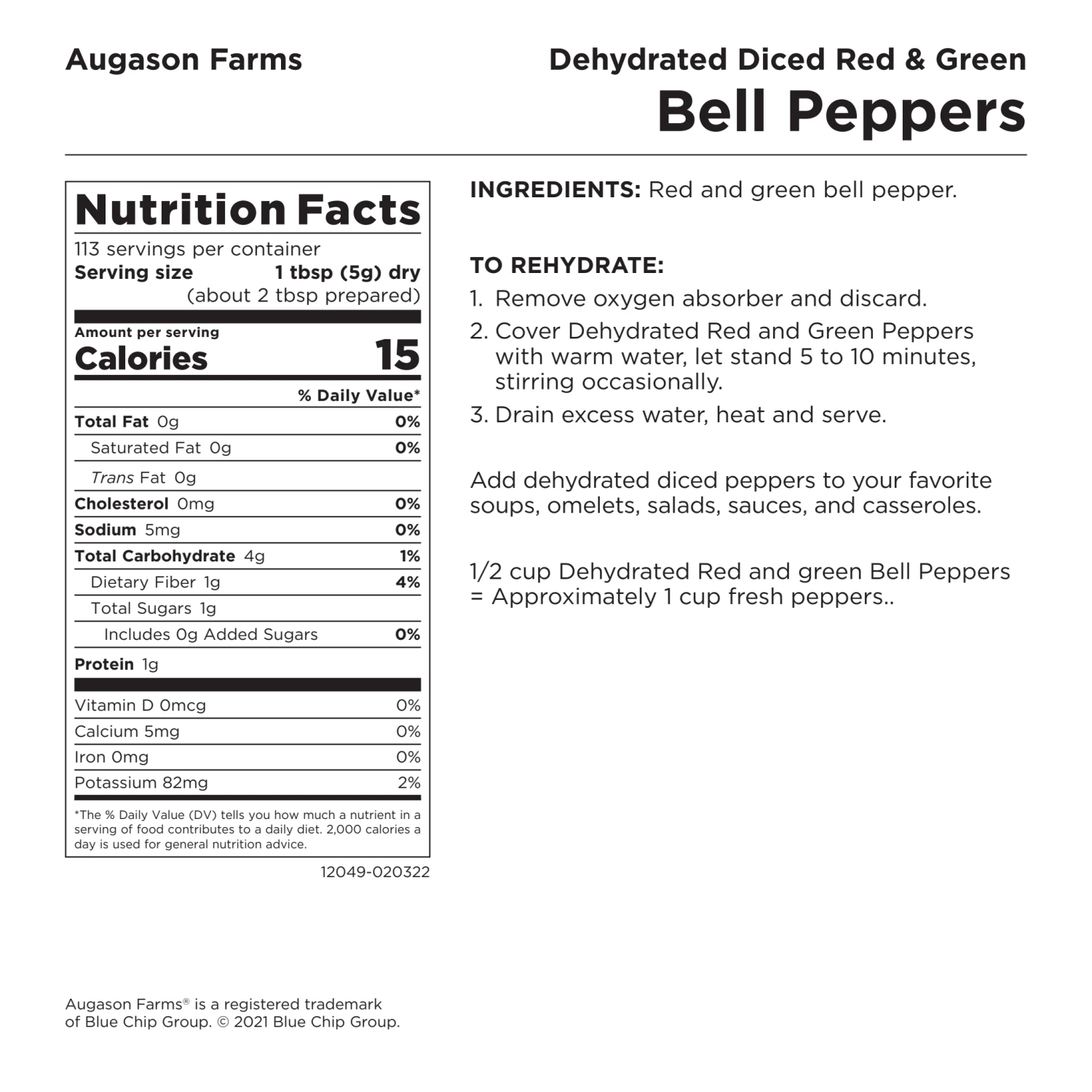 Augason Farms Dehydrated Diced Red & Green Bell Peppers 8 Augason Farms Dehydrated Diced Red & Green Bell Peppers
